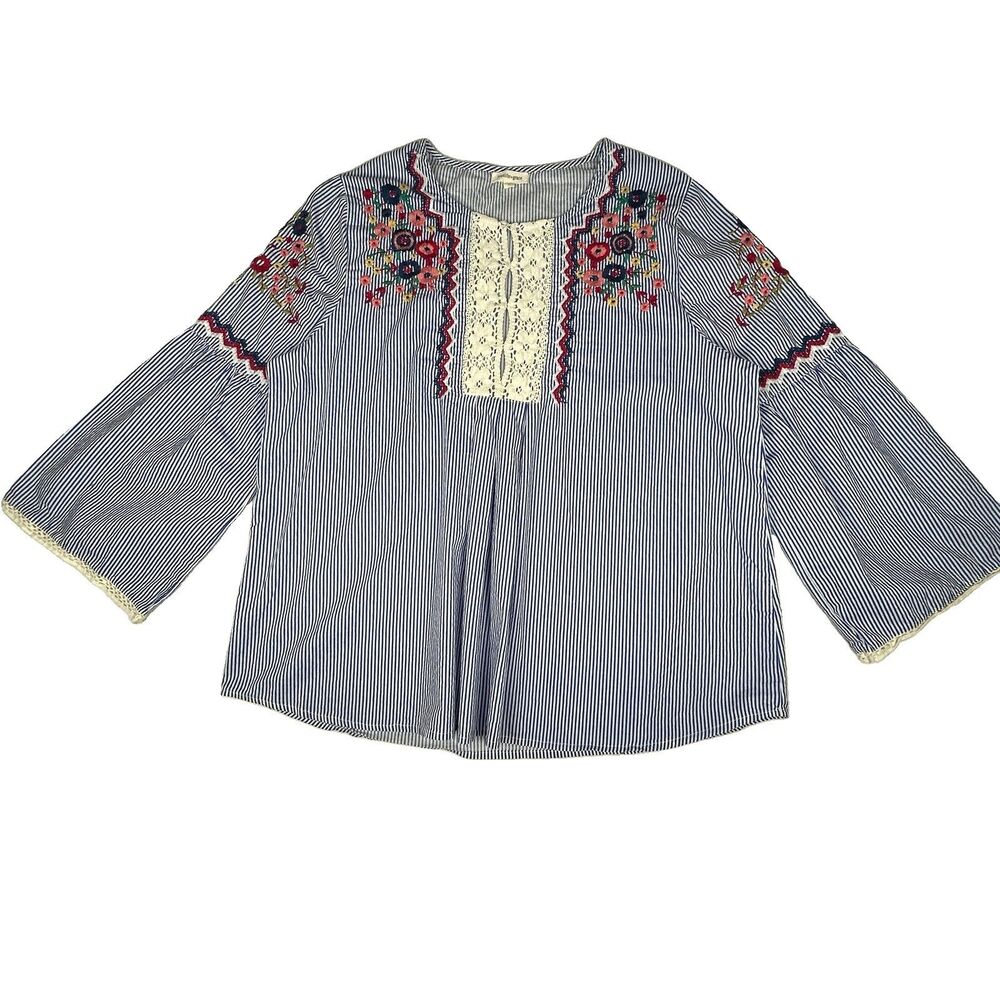 Jennifer & Grace Women's M Top Striped Floral Embroidered Blouse Bell Sleeve